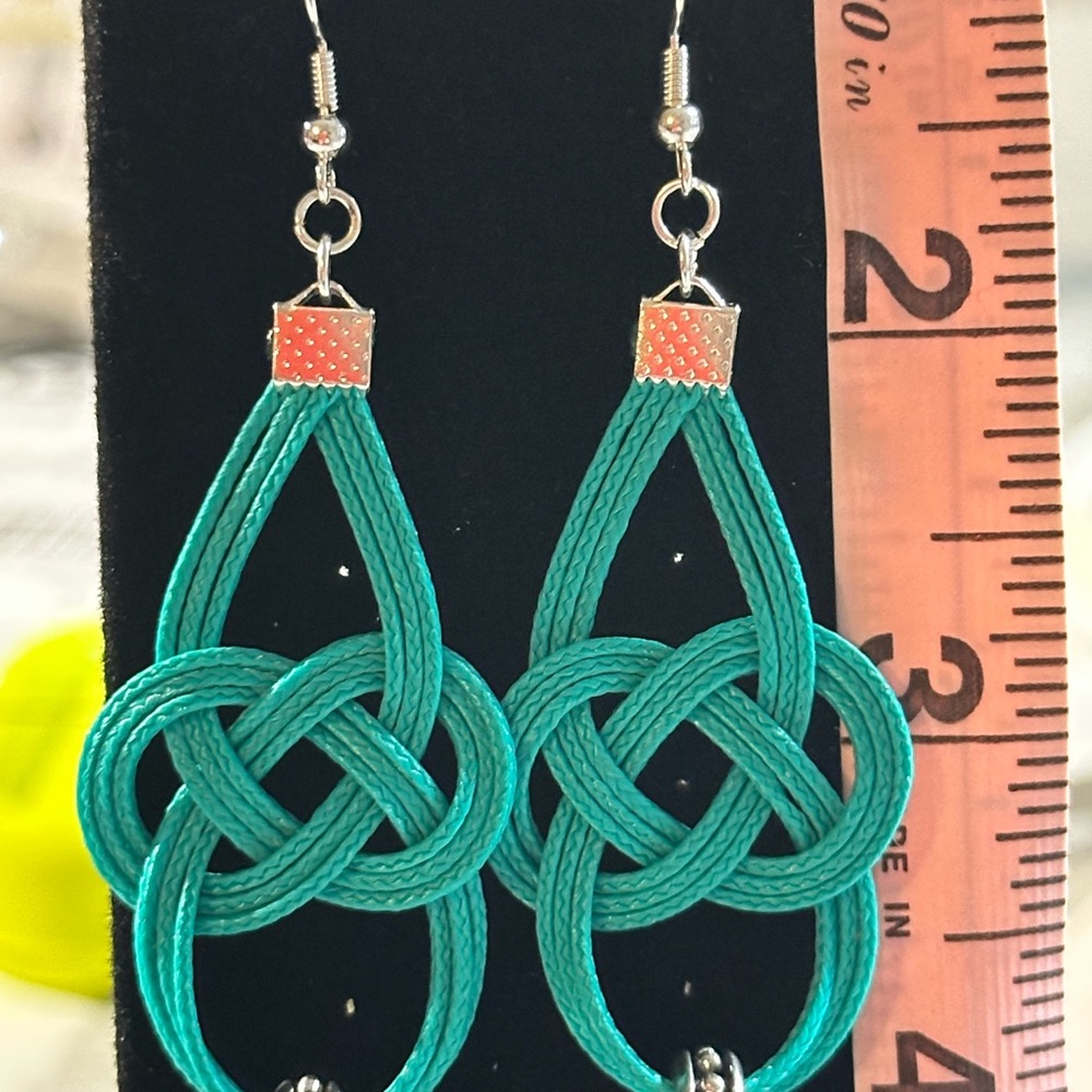 Hand Crafted Turquoise Knot Earrings with Silver Accents - Picture 6 of 6